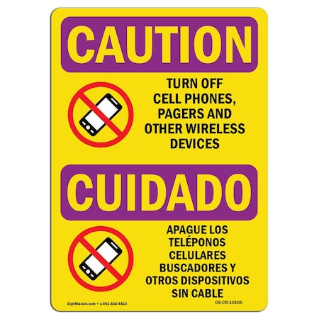 Signmission OSHA RADIATION Sign, Turn Off Cell Phones Bilingual, 10in X 7in Decal, 7" H, 10" W, Landscape OS-CR-D-710-L-10195